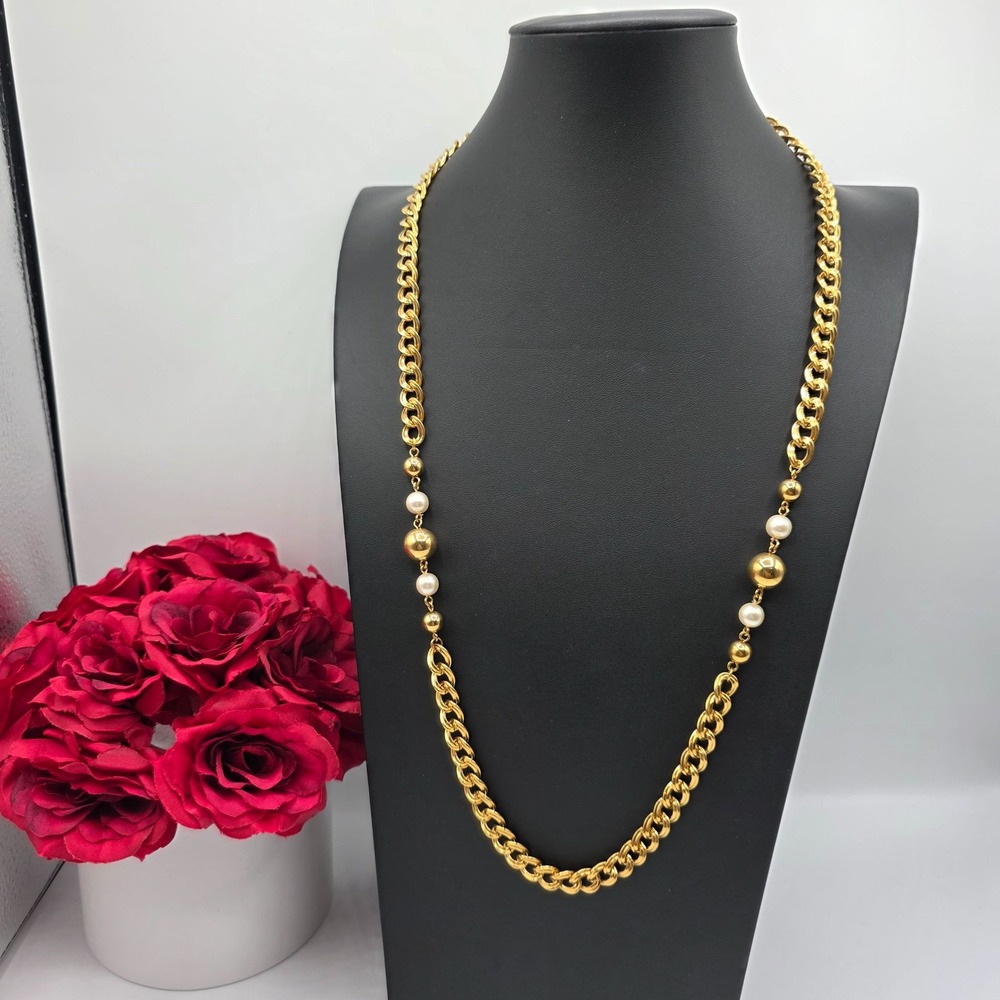 Napier Gold Tone‎ Chain Link Pearl Bead Necklace Statement Fashion Jewelry Used